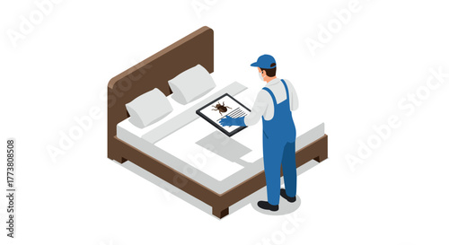 Isometric pest control worker inspecting bed for bed bugs with tablet device