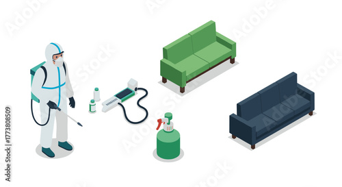 Isometric pest control worker with equipment near household furniture
