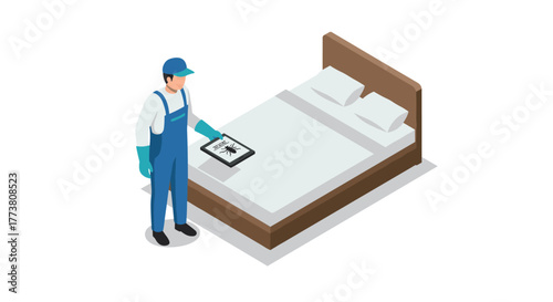 Pest control worker analyzing bed bug problem with tablet in isometric style