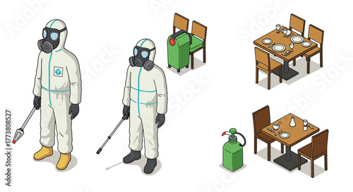 Isometric pest control workers in protective suits with equipment and indoor dining setup