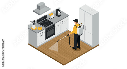 Isometric pest control in modern kitchen scene with worker spraying pesticides