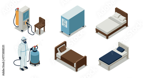 Isometric hospital equipment and furniture set with medical worker in ppe