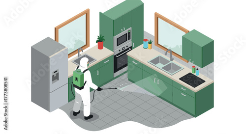 Pest control technician in protective gear spraying kitchen with modern appliances in isometric style
