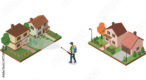 Gardener spraying pesticide in isometric autumn and summer gardens scene