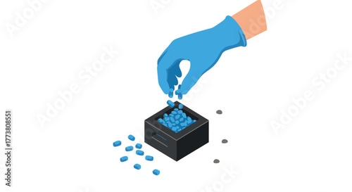 Isometric hand in glove handling blue pills in box on white background