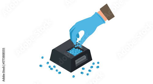 Hand in glove sorting pills into black container