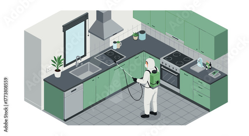 Professional pest control worker spraying kitchen in isometric style
