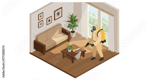 Pest control worker in hazmat suit cleaning a modern living room interior in isometric style
