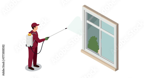 Isometric pest control worker spraying solution on house window outdoors