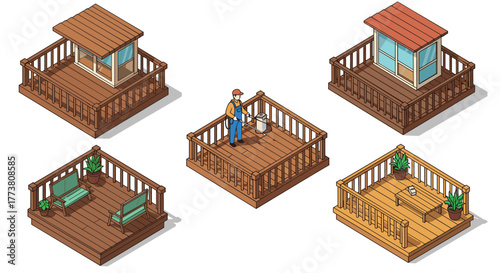 Isometric wooden deck designs with furniture and construction elements