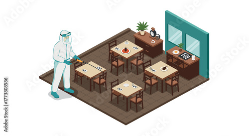 Isometric clean up in restaurant setting with person in safety gear
