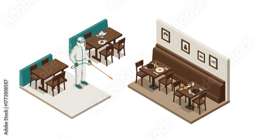 Isometric illustration of sanitization in a restaurant with modern furniture