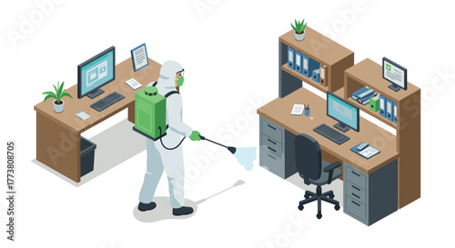 Office disinfection with worker in protective suit and cleaning equipment in isometric style