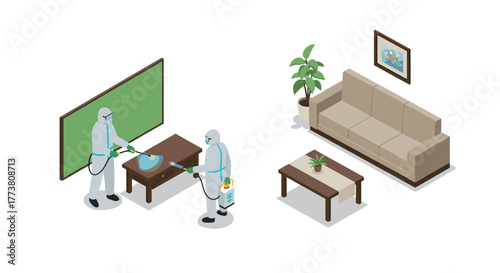 Professional isometric disinfection team cleaning indoor spaces with safety gear