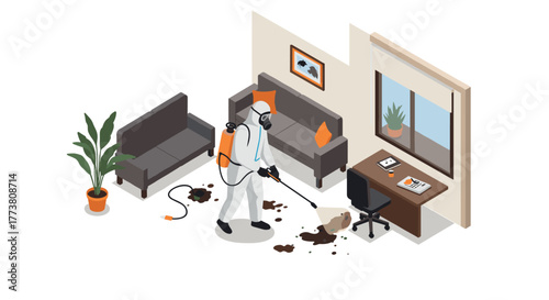 Isometric pest control worker in protective suit spraying indoors