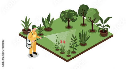 Gardener spraying pesticide in lush isometric garden scene