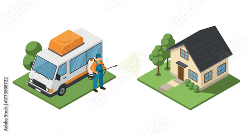 Isometric pest control service with worker spraying house and van