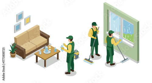Isometric cleaning crew in living room with window washing and vacuuming activities