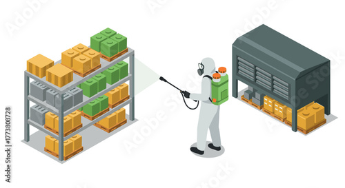 Pest control worker disinfecting warehouse with protective gear and equipment