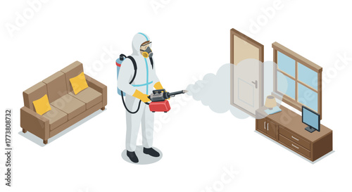 Isometric pest control scene with professional in protective gear disinfecting home interior