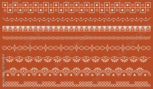 Tribal Border Pattern Set – Ethnic Geometric Line Ornament Collection in Terracotta Style