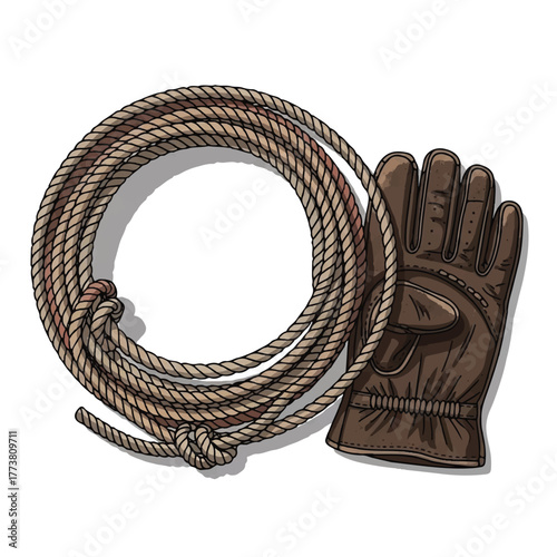 a neatly coiled cowboy lasso with a weathered glove beside it, harmonious vector artwork