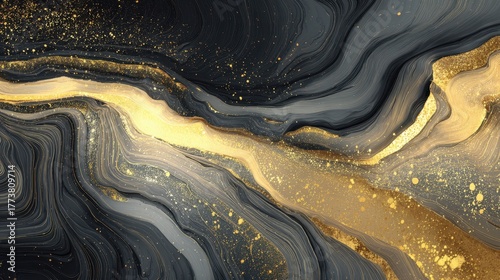 Luxury black and gold marble texture with glitter for added elegance. Use this for stylish backgrounds, cards, or any design needing sophistication.