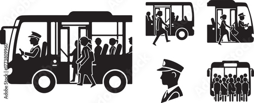 School bus icons: boarding, passengers, driver, and group