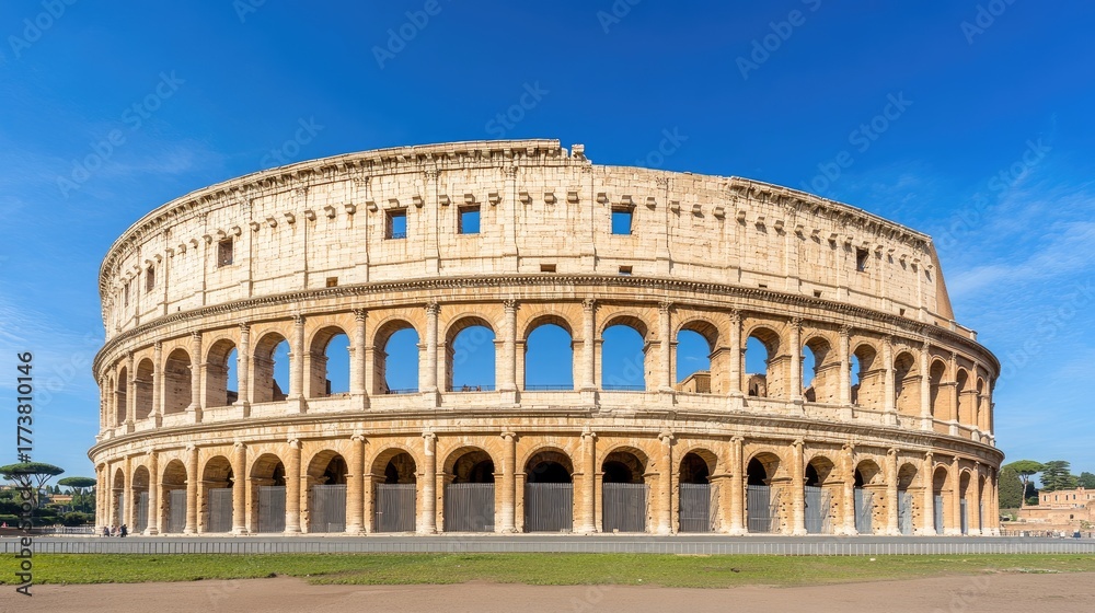 Fototapeta premium The majestic Colosseum rises majestically under a brilliant blue sky, showcasing ancient Rome's architectural brilliance at its finest