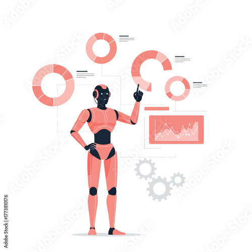 Flat illustration of robot presenting data and charts, artificial intelligence