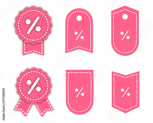 Set of pink discount tags with percentage symbol, flat vector design for sale, promotion, or special offer, isolated on white background.