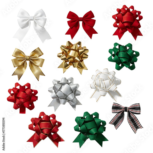 Collection of festive decorative bows in various colors and textures