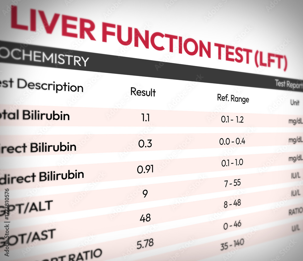 Obraz premium Liver Function Test LFT report showing from the side, billirubin values concept medical health backdrop