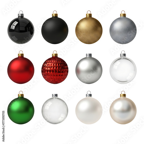 Collection of twelve assorted christmas ornaments in various colors and textures