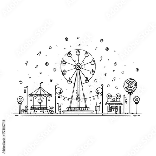 A whimsical black and white sketch of a carnival scene with a ferris wheel and carousel ride