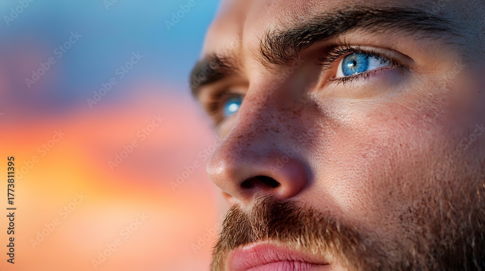 Obraz premium Close-up portrait of Caucasian man with striking blue eyes and beard against colorful sunset background, conveying contemplation and determination.