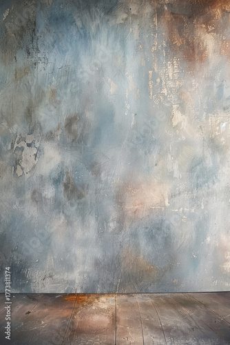 Light studio backdrop with blue and brown tones. Painted canvas background on the wall.