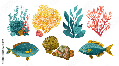 Vector illustration of a set of stylized ocean nature assets