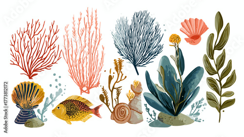 Vector illustration of a set of stylized ocean nature assets