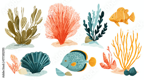 Vector illustration of a set of stylized ocean nature assets