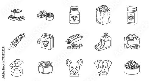 Black and White Outline Icons of Pet Food and Ingredients