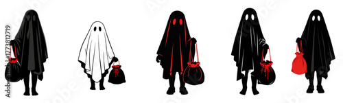 Spooky spectral figures in classic Halloween costumes with candy bags, ready for trick or treating fun and festive celebrations