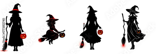 Enchanting Halloween witches silhouettes with brooms and jack o lanterns create magical festive scenes for seasonal celebrations and spooky designs