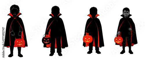 Four spooky vampire kids with glowing jack o lanterns ready for trick or treating on Halloween night