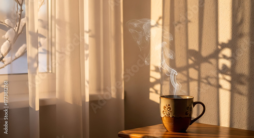 Warm morning light streams through sheer curtains onto a steaming mug of coffee