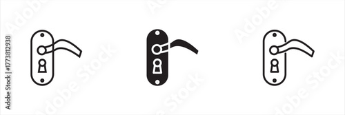A set of three icons, solid and dual tone lines, depicting a door handle or lever, with an escutcheon plate and keyhole, representing security, entry access, key access, and home architecture.