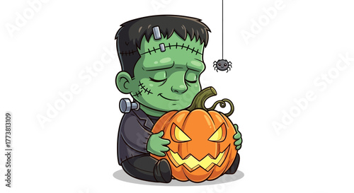 Adorable young Frankenstein character lovingly hugs a glowing jack-o'-lantern, a tiny spider hangs nearby, perfect for festive Halloween promotions