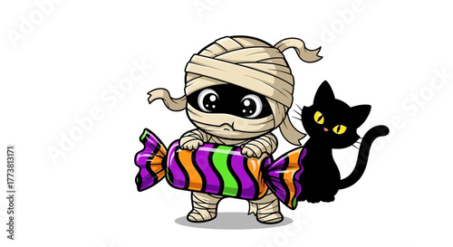 Adorable chibi mummy character holds oversized striped candy with a cute black cat by its side, perfect for Halloween celebrations and spooky fun.