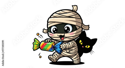 Adorable cartoon mummy character happily unwrapping a colorful candy with a sneaky black cat peeking out behind, perfect for Halloween celebrations and fun designs