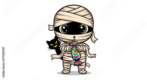 Adorable cartoon mummy character with a black cat and sweet candy, perfect for Halloween celebrations and spooky fun designs.